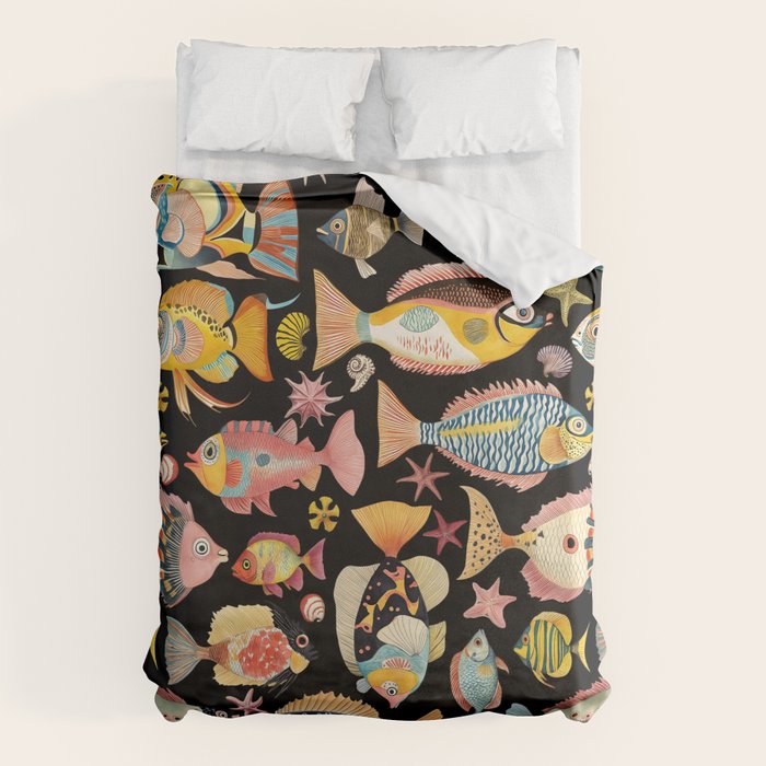 Whimsical Underwater World Multicolor Fish Pattern Black Duvet Cover Gallery Image 6