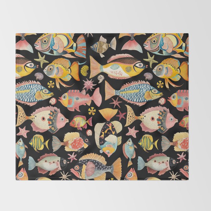 Whimsical Underwater World Multicolor Fish Pattern Black Throw Blanket Gallery Image 2