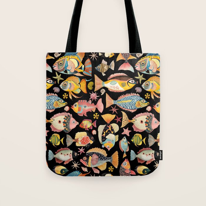 Whimsical Underwater World Multicolor Fish Pattern Black Tote Bag Gallery Image 1