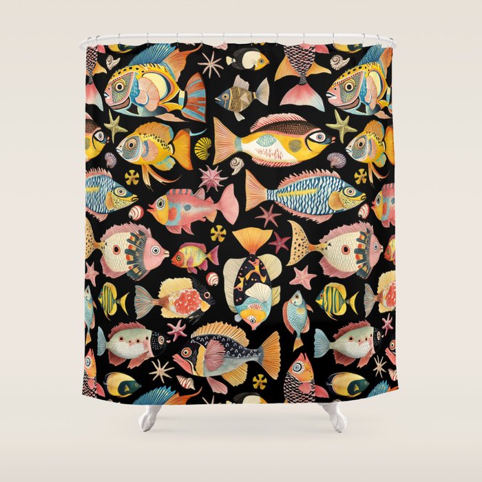 Whimsical Underwater World Multicolor Fish Pattern Black Shower Curtain Gallery Image 1