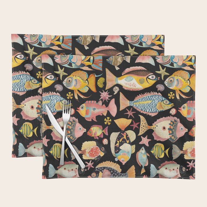Whimsical Underwater World Multicolor Fish Pattern Black Placemat Gallery Image 1