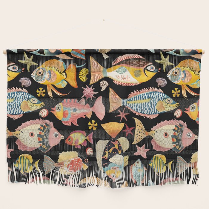 Whimsical Underwater World Multicolor Fish Pattern Black Wall Hanging Gallery Image 1