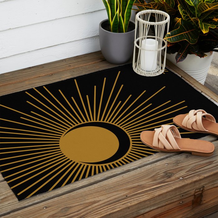 Subtle Sun Moon Stars in Black and Ochre Outdoor Rug Gallery Image 2