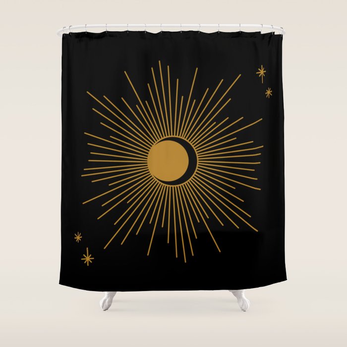 Subtle Sun Moon Stars in Black and Ochre Shower Curtain Gallery Image 1