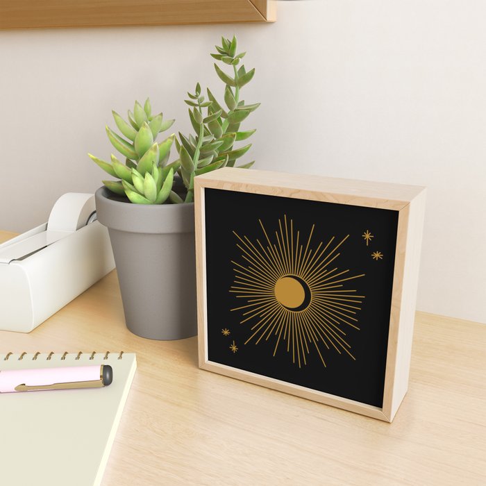 Subtle Sun Moon Stars in Black and Ochre Mini Art Print Gallery Image 2