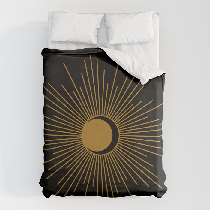 Subtle Sun Moon Stars in Black and Ochre Duvet Cover Gallery Image 1