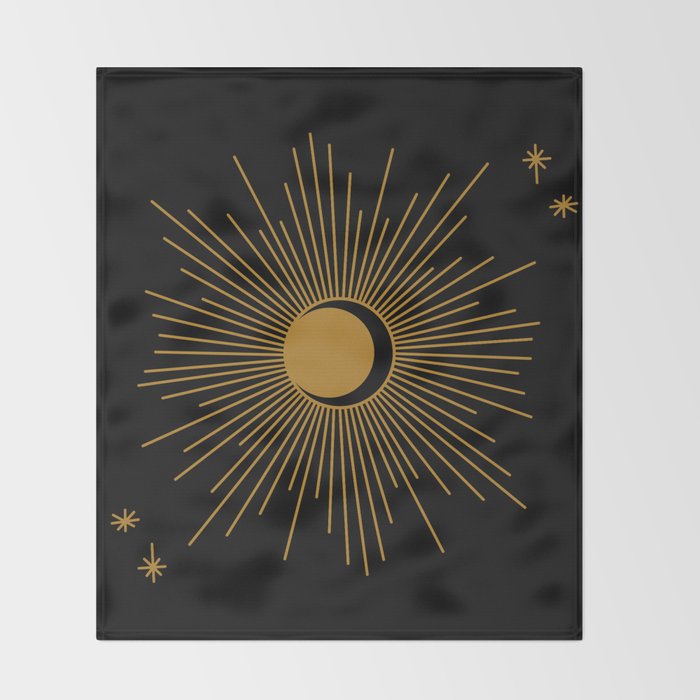 Subtle Sun Moon Stars in Black and Ochre Throw Blanket Gallery Image 2