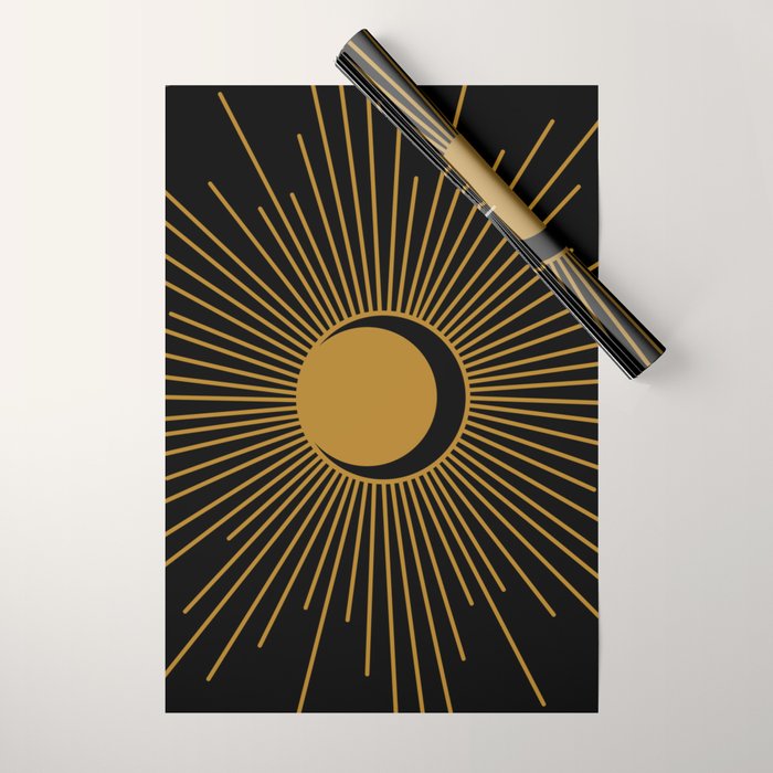 Subtle Sun Moon Stars in Black and Ochre Wrapping Paper Gallery Image 1