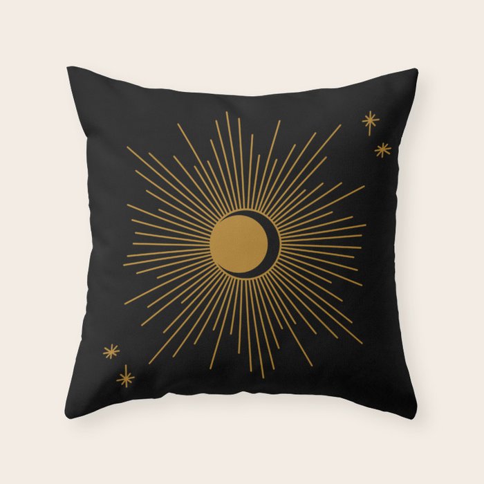 Subtle Sun Moon Stars in Black and Ochre Throw Pillow Gallery Image 1