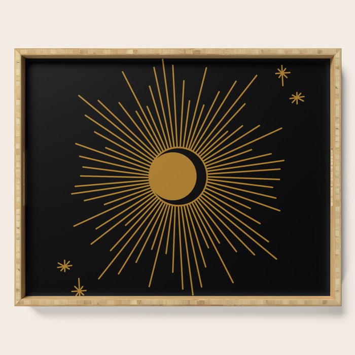 Subtle Sun Moon Stars in Black and Ochre Serving Tray Gallery Image 1