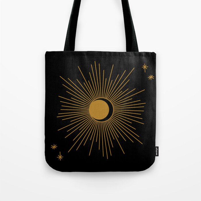 Subtle Sun Moon Stars in Black and Ochre Tote Bag Gallery Image 1