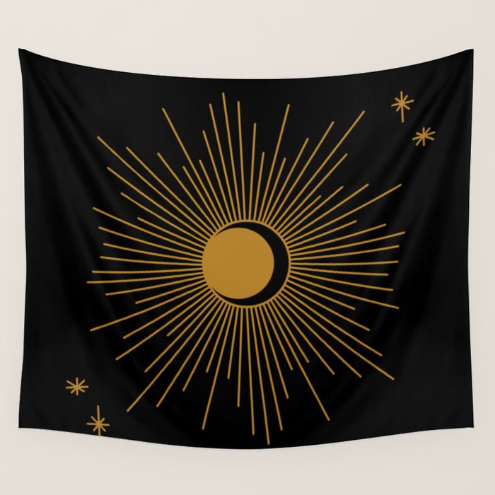 Subtle Sun Moon Stars in Black and Ochre Wall Tapestry Gallery Image 1