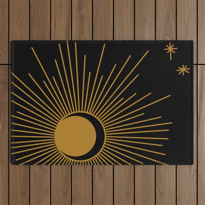 Subtle Sun Moon Stars in Black and Ochre Outdoor Rug Gallery Image 1