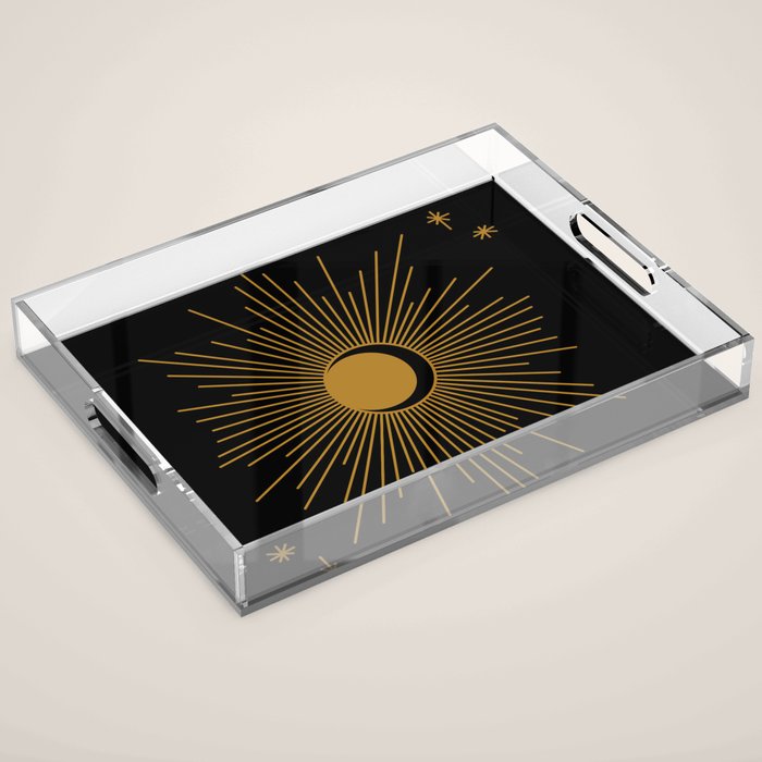 Subtle Sun Moon Stars in Black and Ochre Acrylic Tray Gallery Image 1