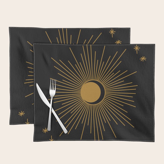 Subtle Sun Moon Stars in Black and Ochre Placemat Gallery Image 1
