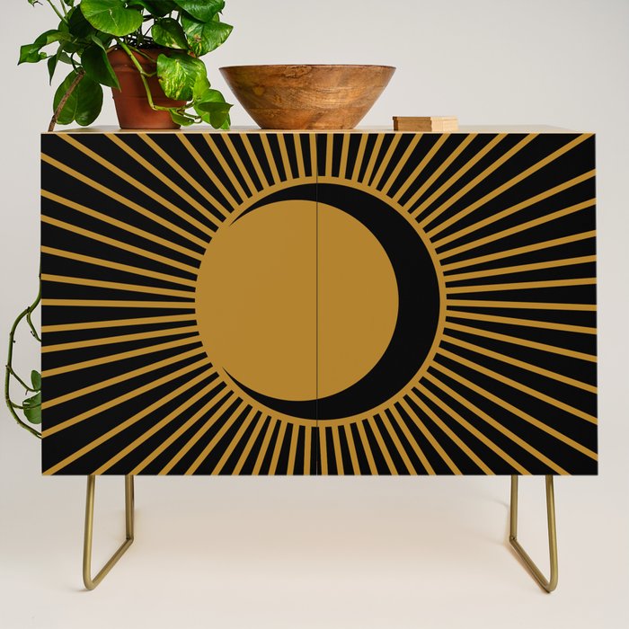 Subtle Sun Moon Stars in Black and Ochre Credenza Gallery Image 1