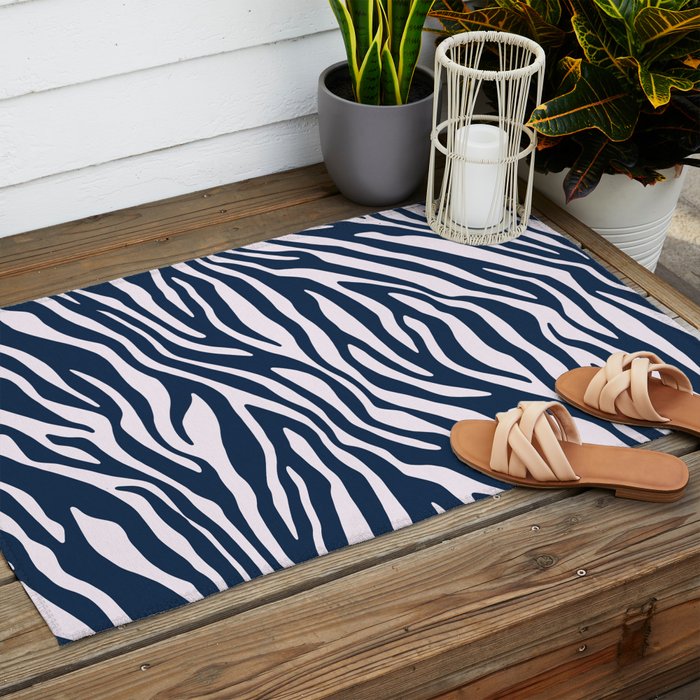 Navy Blue Zebra Animal Print Outdoor Rug Gallery Image 2