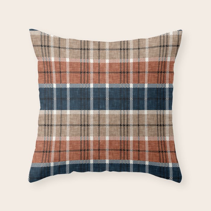 fall plaid - navy, orange & tan Throw Pillow Gallery Image 1