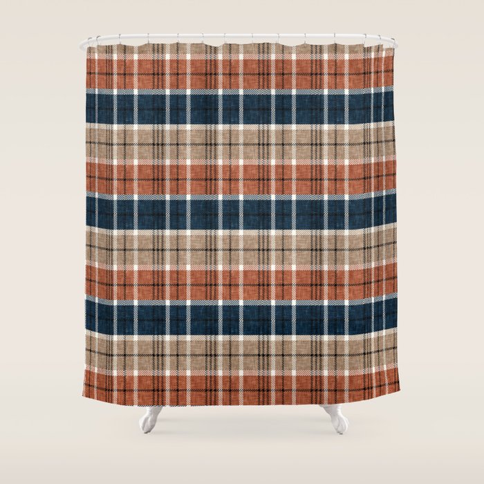 fall plaid - navy, orange & tan Shower Curtain Gallery Image 1
