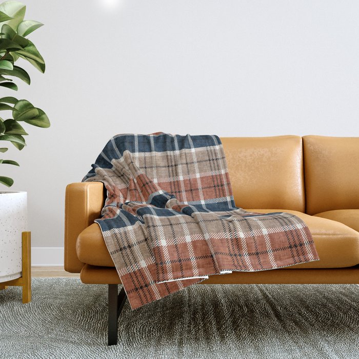 fall plaid - navy, orange & tan Throw Blanket Gallery Image 1