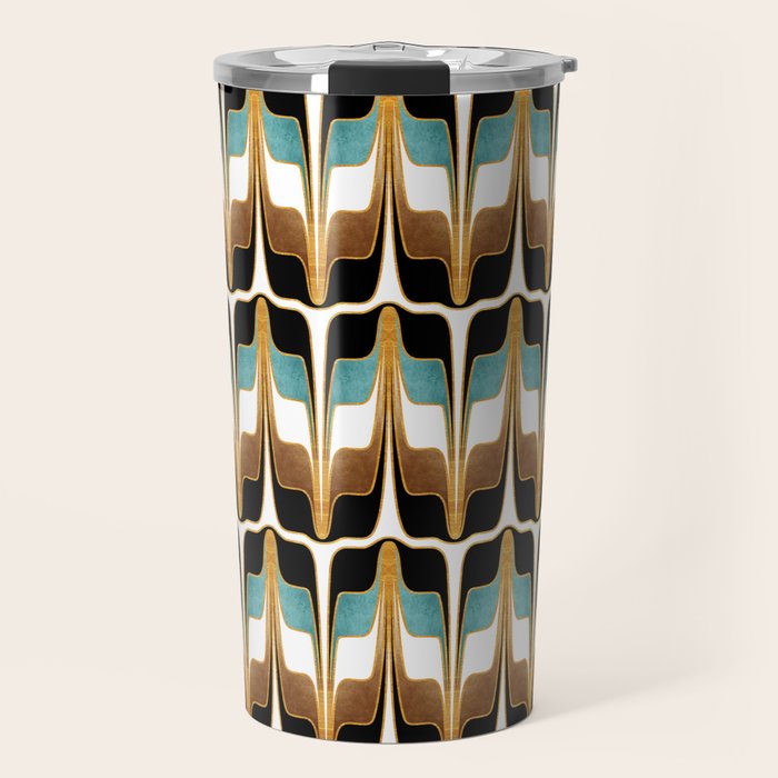Mid Century Modern Liquid Watercolor Abstract / Faux Gold, Ocean Blue Teal, Brown, Black, White/ V1 Travel Mug Gallery Image 1