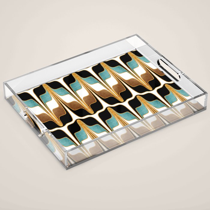 Mid Century Modern Liquid Watercolor Abstract / Faux Gold, Ocean Blue Teal, Brown, Black, White/ V1 Acrylic Tray Gallery Image 1