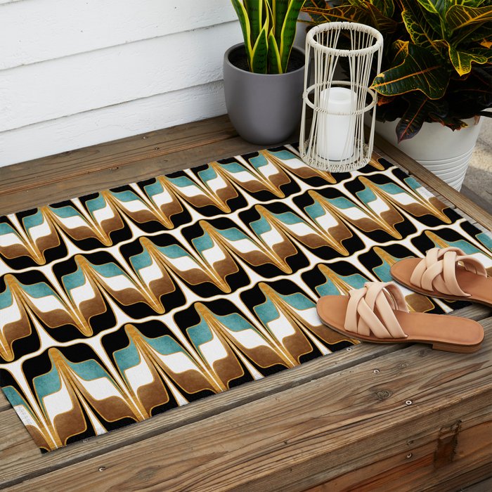 Mid Century Modern Liquid Watercolor Abstract / Faux Gold, Ocean Blue Teal, Brown, Black, White/ V1 Outdoor Rug Gallery Image 2