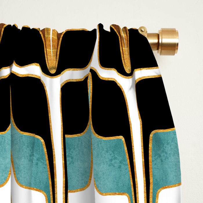 Mid Century Modern Liquid Watercolor Abstract / Faux Gold, Ocean Blue Teal, Brown, Black, White/ V1 Window Curtain Gallery Image 2