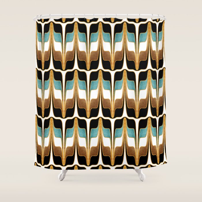 Mid Century Modern Liquid Watercolor Abstract / Faux Gold, Ocean Blue Teal, Brown, Black, White/ V1 Shower Curtain Gallery Image 1