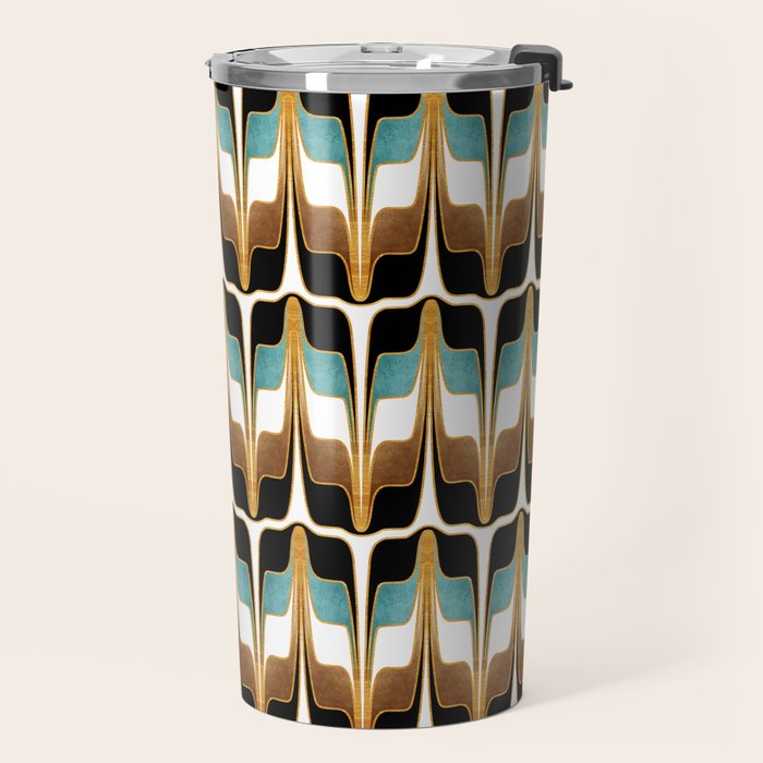 Mid Century Modern Liquid Watercolor Abstract / Faux Gold, Ocean Blue Teal, Brown, Black, White/ V1 Travel Mug Gallery Image 2