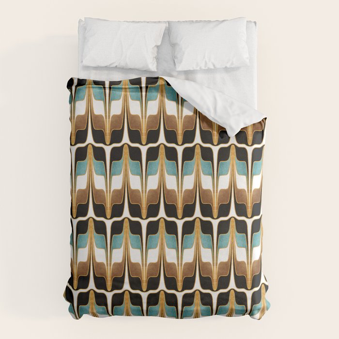 Mid Century Modern Liquid Watercolor Abstract / Faux Gold, Ocean Blue Teal, Brown, Black, White/ V1 Duvet Cover Gallery Image 1