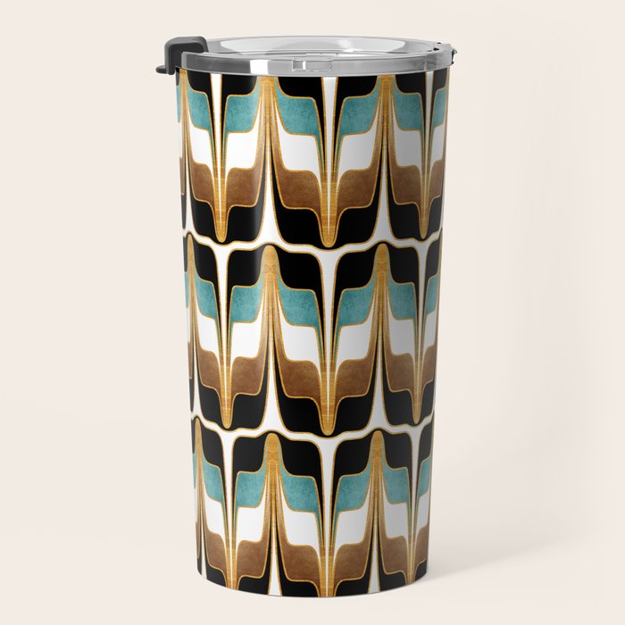 Mid Century Modern Liquid Watercolor Abstract / Faux Gold, Ocean Blue Teal, Brown, Black, White/ V1 Travel Mug Gallery Image 3