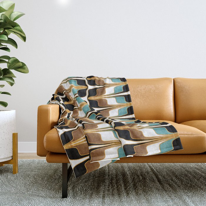 Mid Century Modern Liquid Watercolor Abstract / Faux Gold, Ocean Blue Teal, Brown, Black, White/ V1 Throw Blanket Gallery Image 1