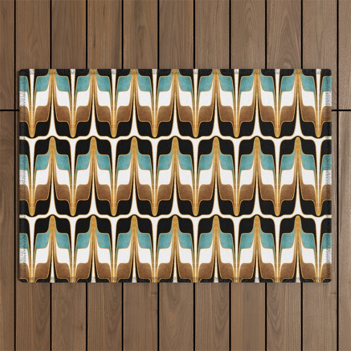 Mid Century Modern Liquid Watercolor Abstract / Faux Gold, Ocean Blue Teal, Brown, Black, White/ V1 Outdoor Rug Gallery Image 1