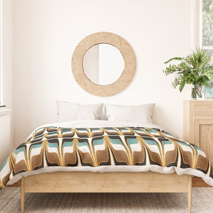 Mid Century Modern Liquid Watercolor Abstract / Faux Gold, Ocean Blue Teal, Brown, Black, White/ V1 Duvet Cover Gallery Image 3