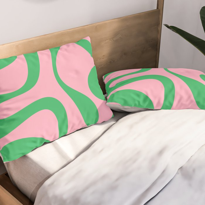 Pink and Green Soft Curves Retro Modern Abstract Pattern Pillow Sham Gallery Image 2