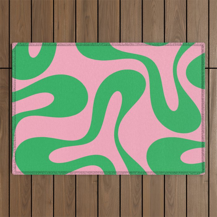 Pink and Green Soft Curves Retro Modern Abstract Pattern Outdoor Rug Gallery Image 1