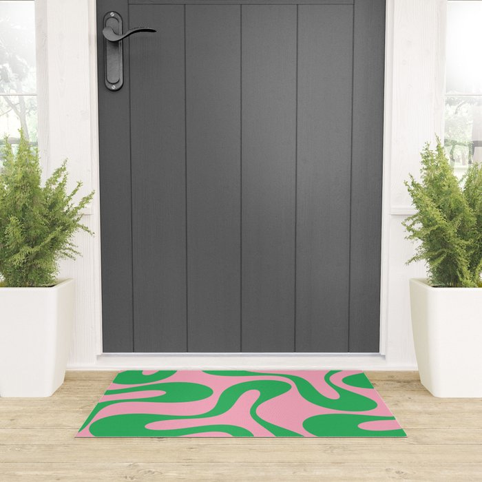 Pink and Green Soft Curves Retro Modern Abstract Pattern Welcome Mat Gallery Image 3
