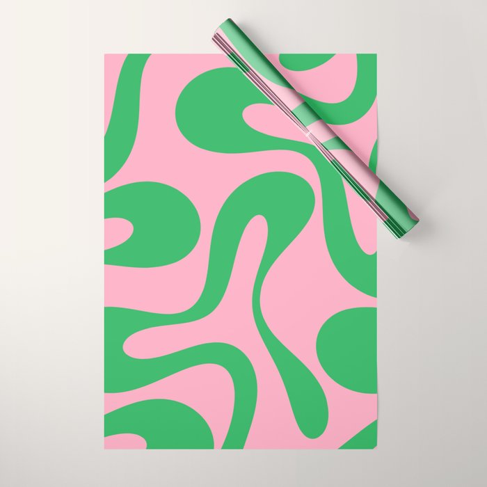 Pink and Green Soft Curves Retro Modern Abstract Pattern Wrapping Paper Gallery Image 1