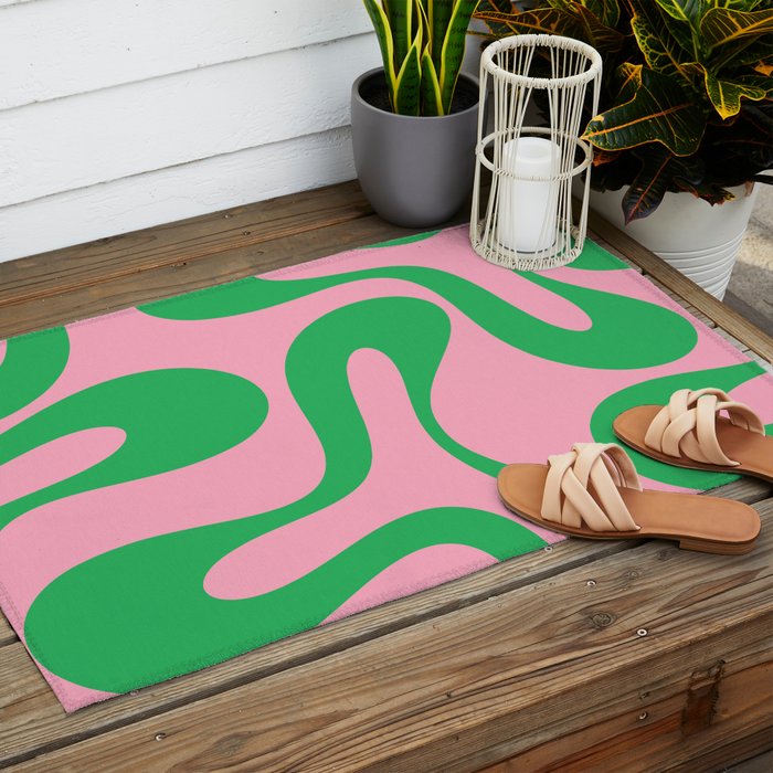 Pink and Green Soft Curves Retro Modern Abstract Pattern Outdoor Rug Gallery Image 2