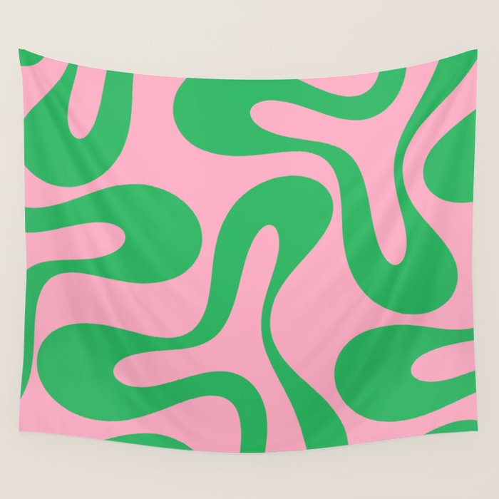 Pink and Green Soft Curves Retro Modern Abstract Pattern Wall Tapestry Gallery Image 4
