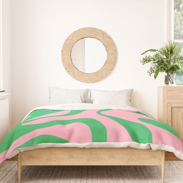 Pink and Green Soft Curves Retro Modern Abstract Pattern Duvet Cover Gallery Image 3