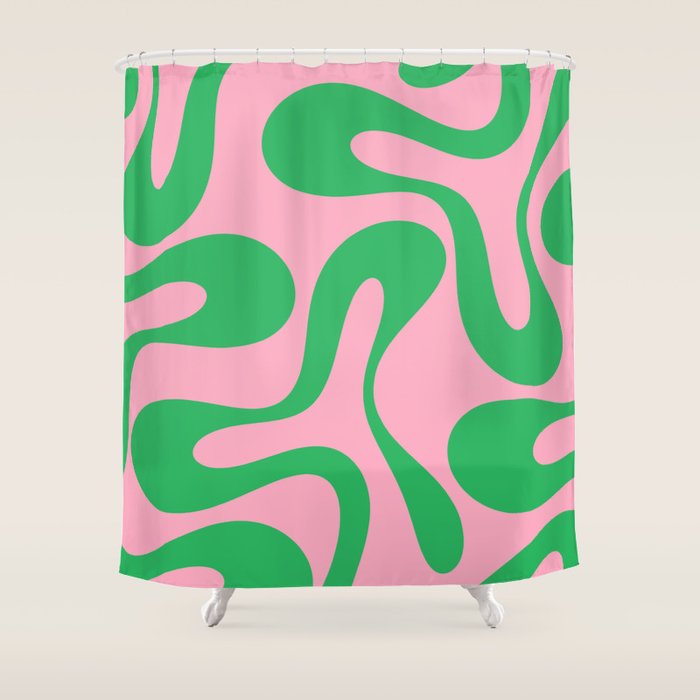 Pink and Green Soft Curves Retro Modern Abstract Pattern Shower Curtain Gallery Image 1