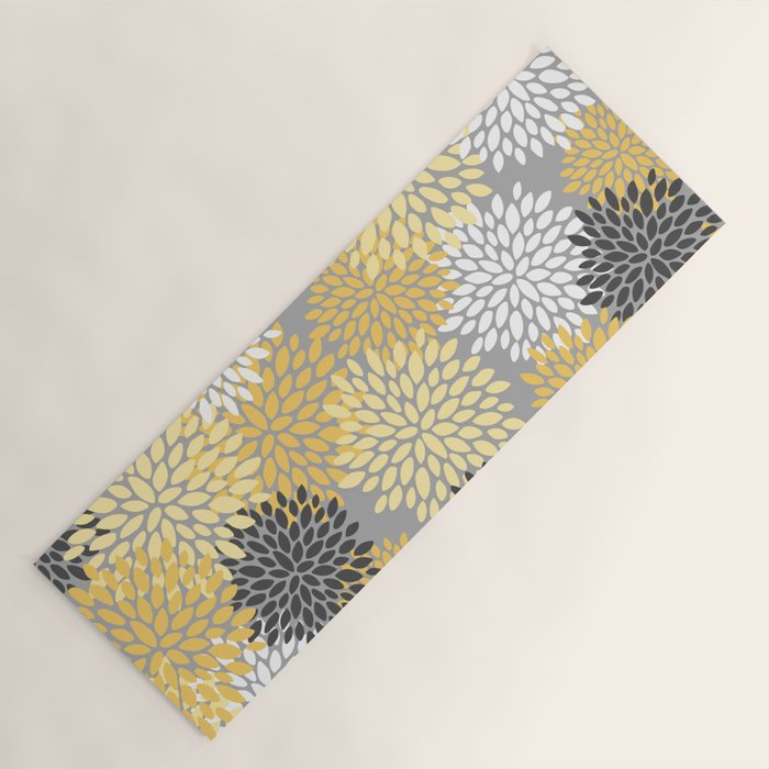 Floral Blooms, Gray, Charcoal, Yellow Yoga Mat Gallery Image 1