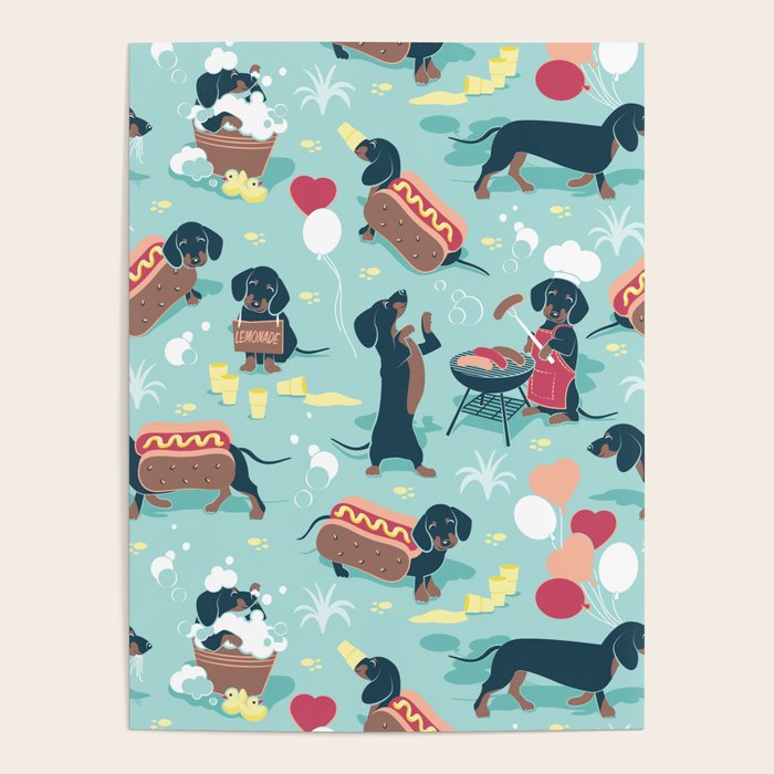 Hot dogs and lemonade // aqua background navy dachshunds Poster Gallery Image 4