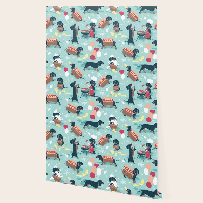 Hot dogs and lemonade // aqua background navy dachshunds Wallpaper Gallery Image 2