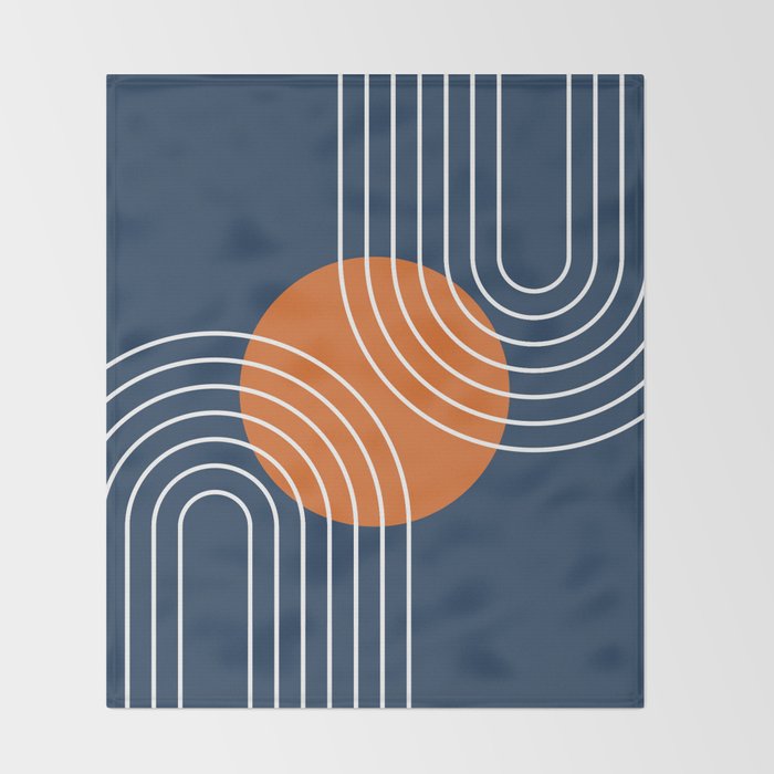 Mid Century Modern Geometric 133 in Navy Blue and vintage orange (Sun and Rainbow Abstract) Throw Blanket Gallery Image 2