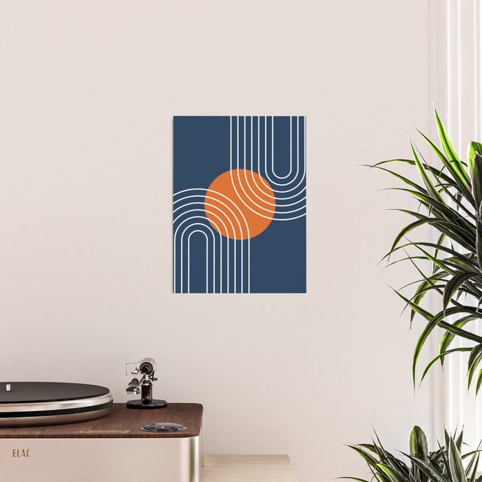 Mid Century Modern Geometric 133 in Navy Blue and vintage orange (Sun and Rainbow Abstract) Poster Gallery Image 2
