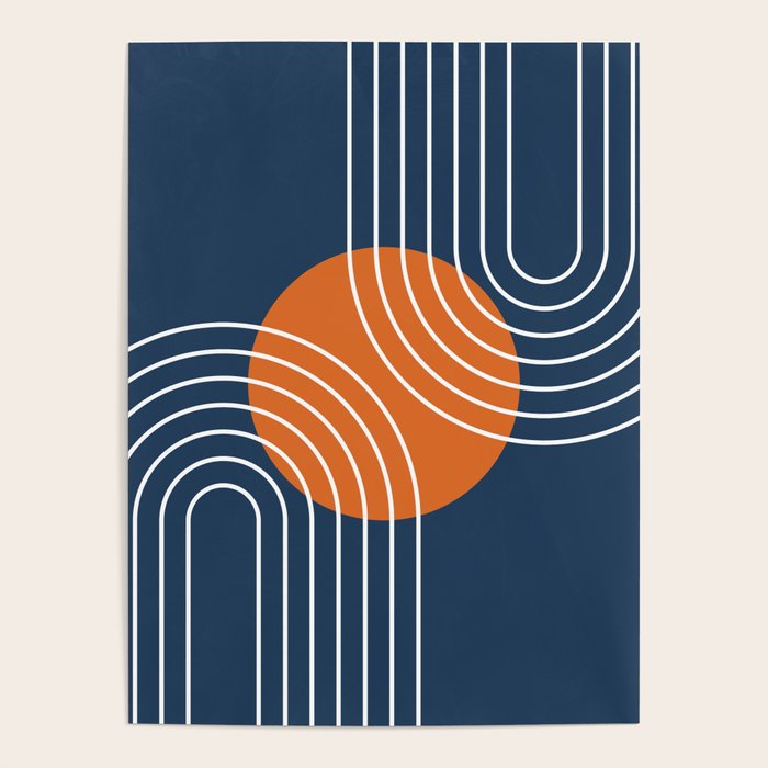 Mid Century Modern Geometric 133 in Navy Blue and vintage orange (Sun and Rainbow Abstract) Poster Gallery Image 1