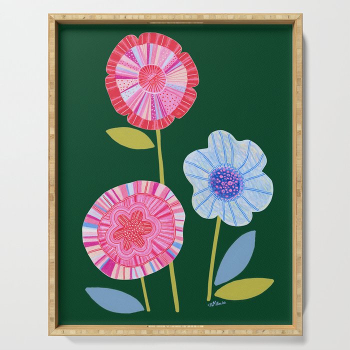 Folky Flowers in Bloom in Green & Pink Serving Tray Gallery Image 1